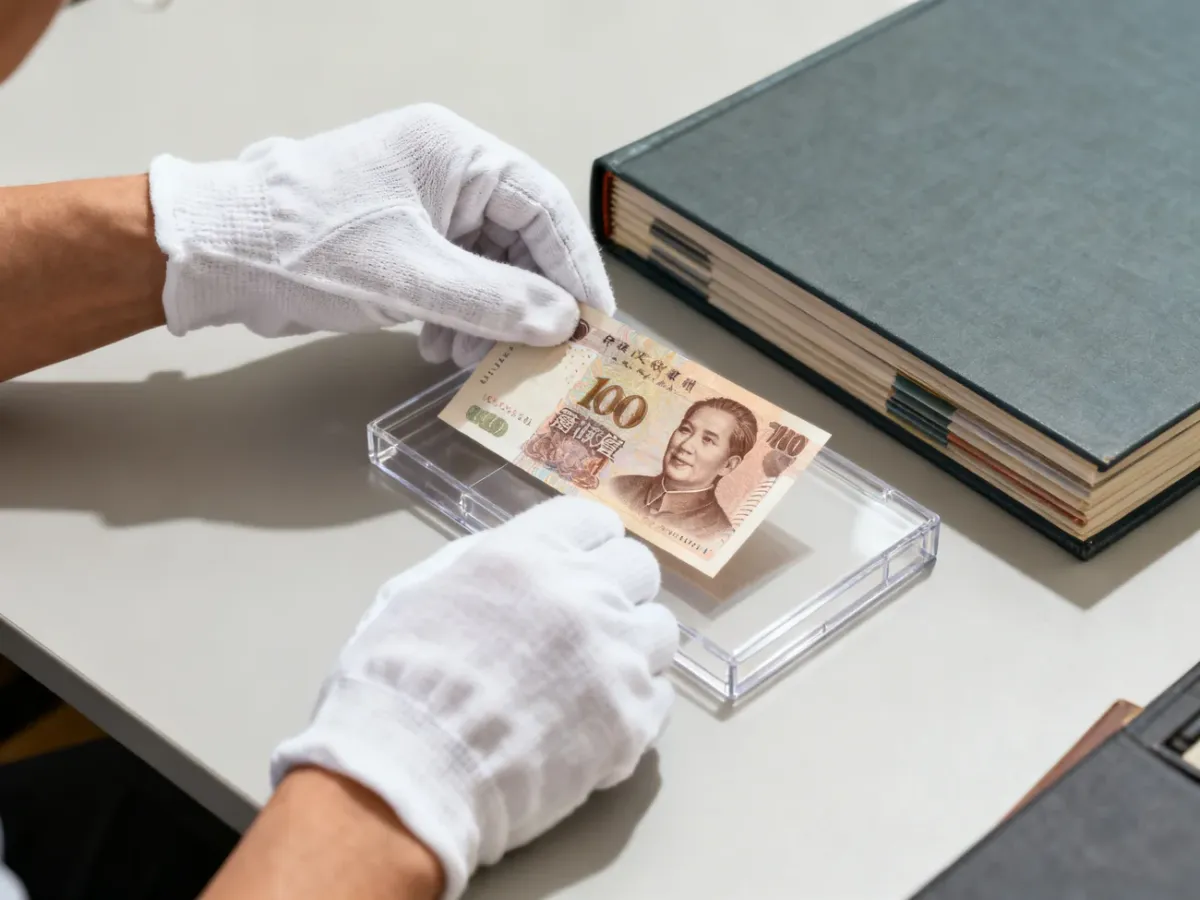 Kolekcjoner w bawełnianych rękawiczkach umieszcza banknot w ochronnym holderze