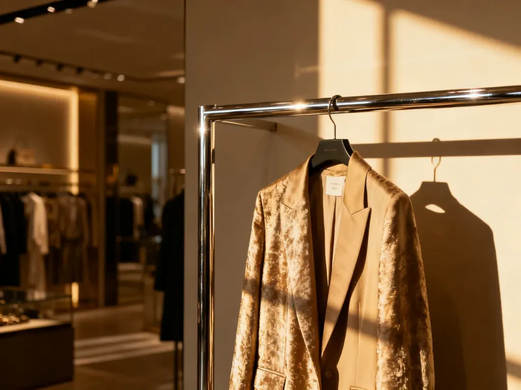 Eleganckie wnętrze butiku O'la Voga z wyeksponowaną odzieżą premium na minimalistycznym wieszaku w ciepłym świetle.