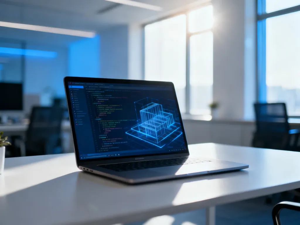 Nowoczesne stanowisko pracy programisty z laptopem wyświetlającym kod, symbolizujące innowacyjne podejście firmy Go Soft.