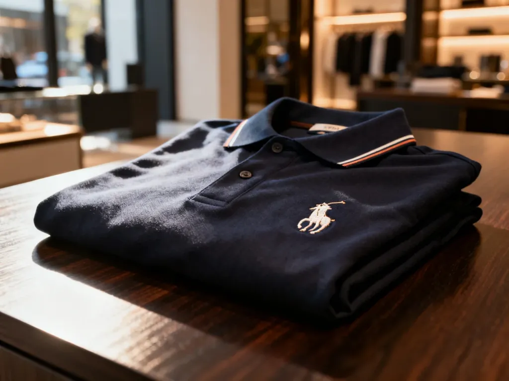 Elegancka koszulka polo marki U.S. Polo Assn. starannie złożona na drewnianym blacie w sklepowym wnętrzu.