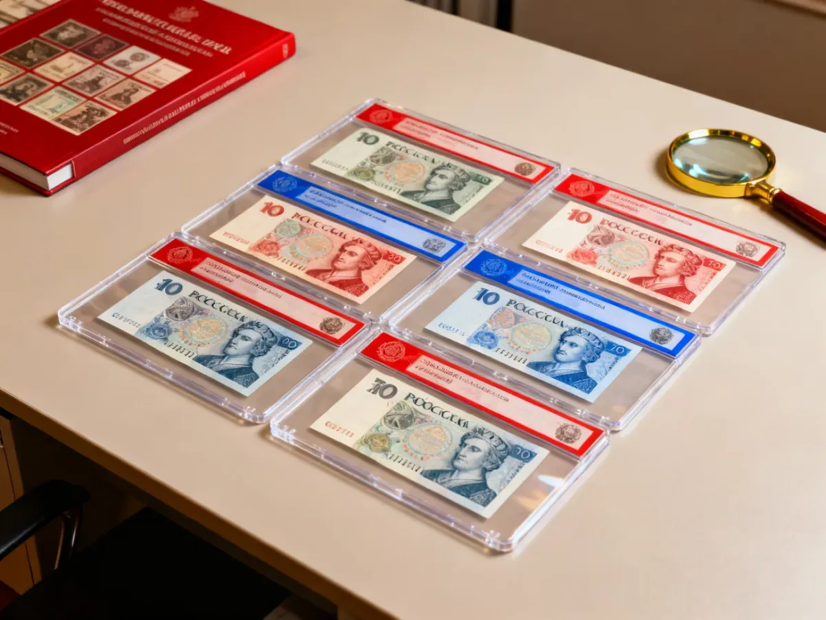 Polskie banknoty kolekcjonerskie NBP w ochronnych oprawach na biurku kolekcjonera