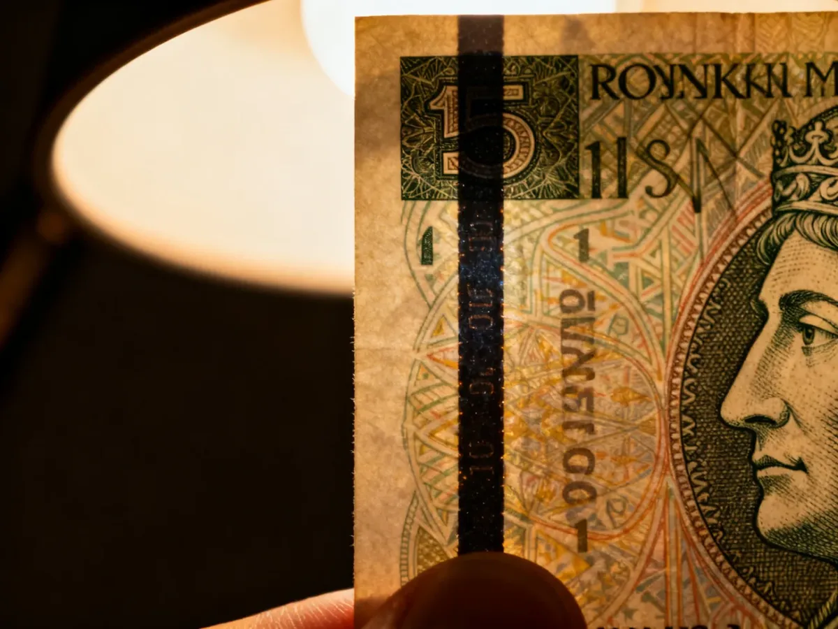 Nitka zabezpieczająca widoczna w banknocie pod światło
