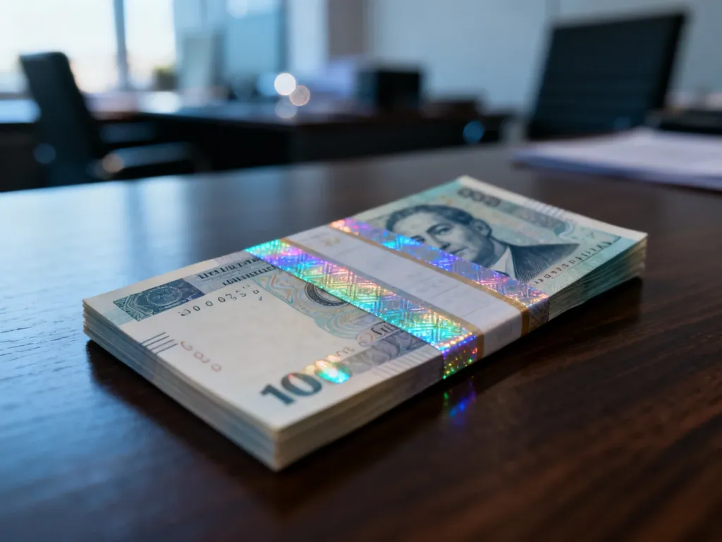 Zbliżenie na nowoczesny banknot ukazujące detale zabezpieczeń, takie jak hologramy i mikrodruk, na tle biura.