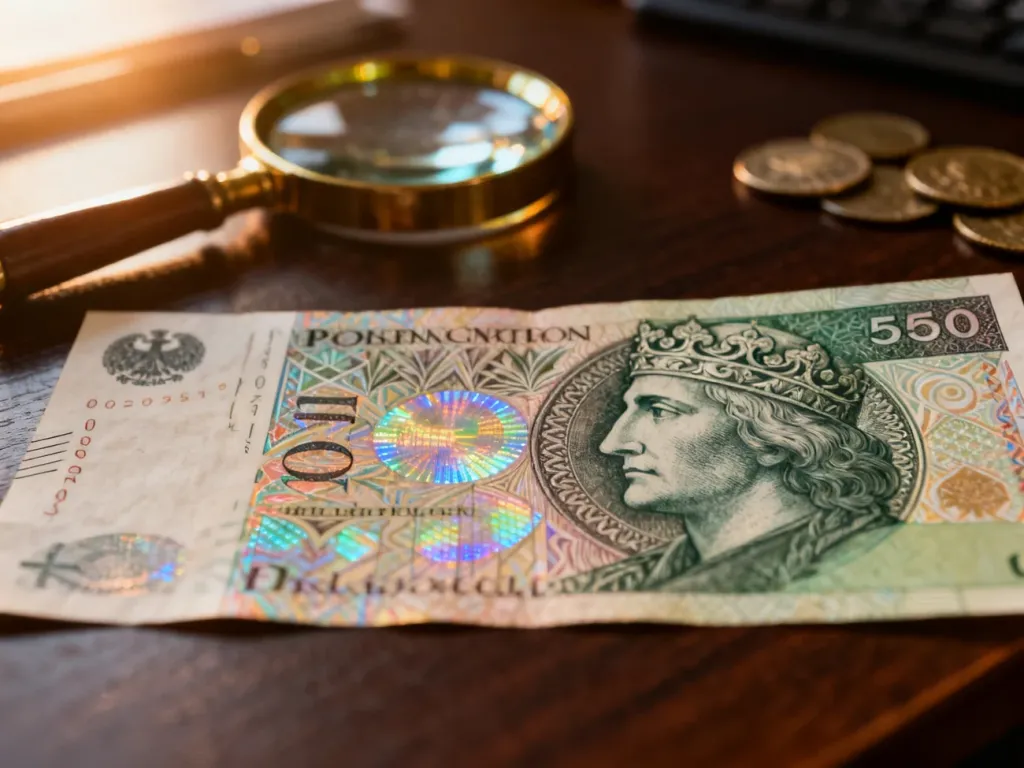 Zbliżenie na polski banknot kolekcjonerski obok zagranicznego banknotu pamiątkowego na drewnianym stole.