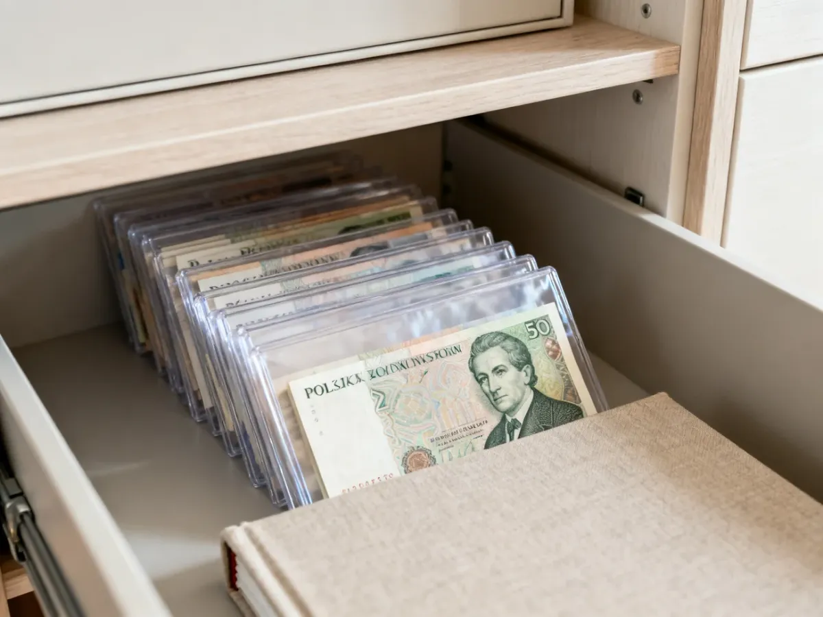 Banknoty kolekcjonerskie przechowywane w albumie ochronnym
