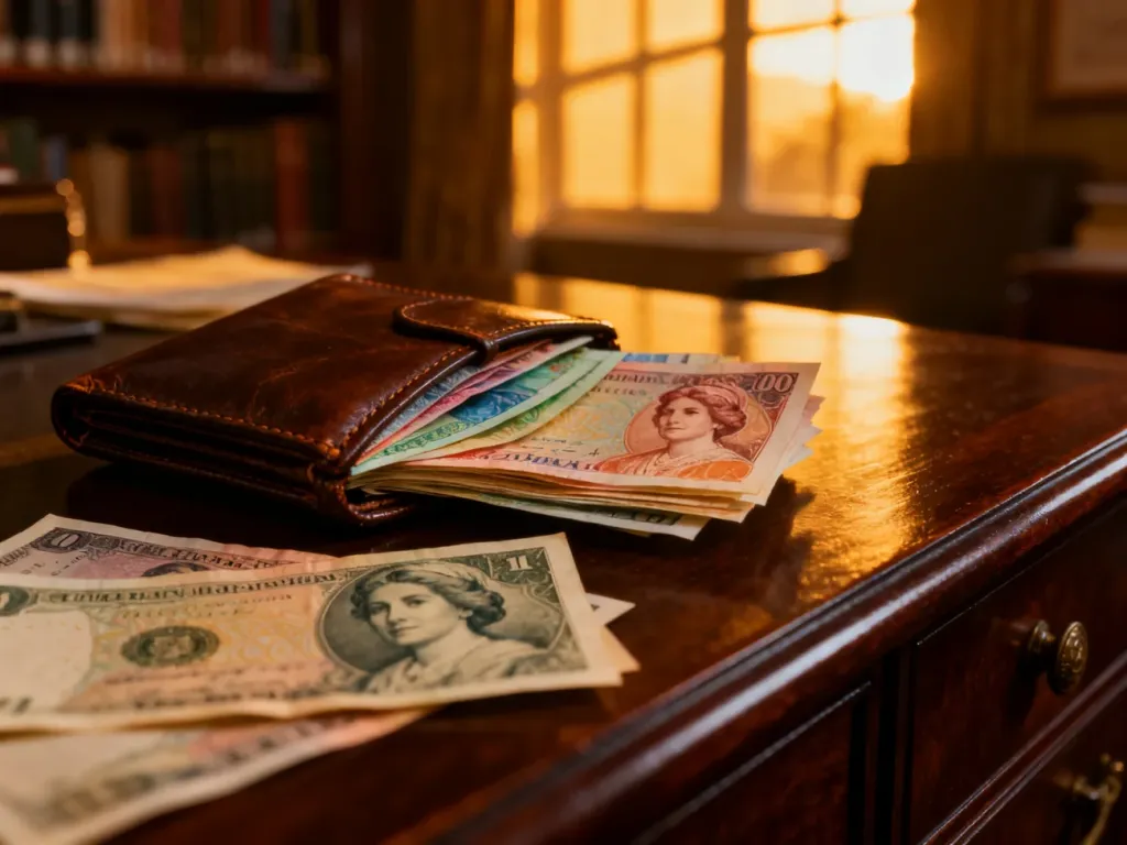 Otwarte skórzane portfele z różnorodnymi banknotami z wizerunkami kobiet na tle przytulnej biblioteki.