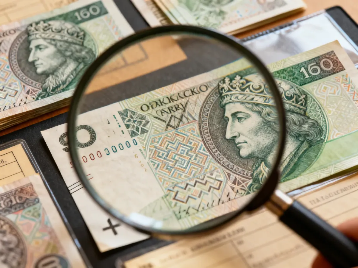 Banknoty z nietypowymi numerami seryjnymi oglądane przez lupę