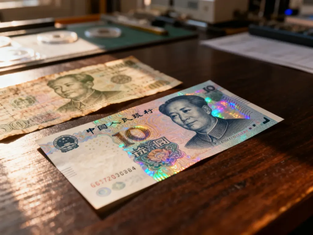 Porównanie kolekcjonerskiego banknotu z bogatymi zdobieniami oraz używanego banknotu obiegowego na drewnianym stole.