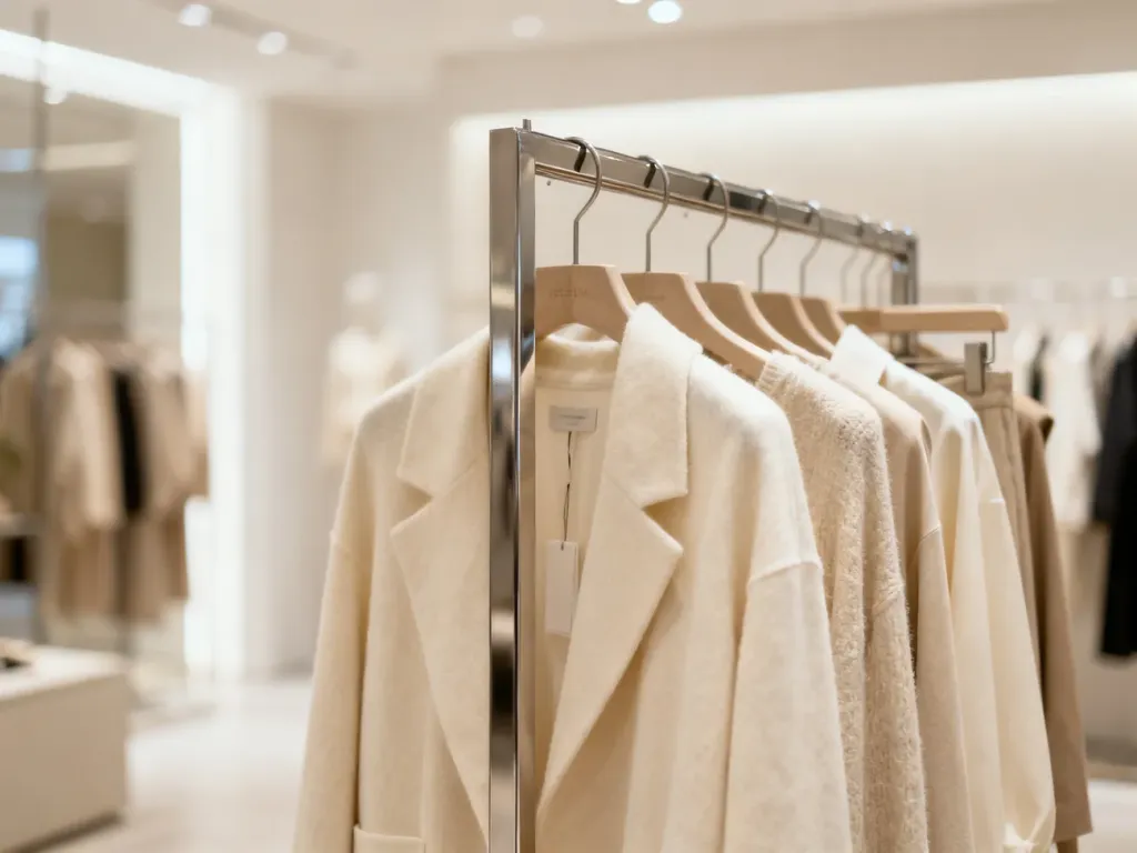 Nowoczesne wnętrze butiku z elegancką odzieżą wyeksponowaną na minimalistycznym wieszaku.