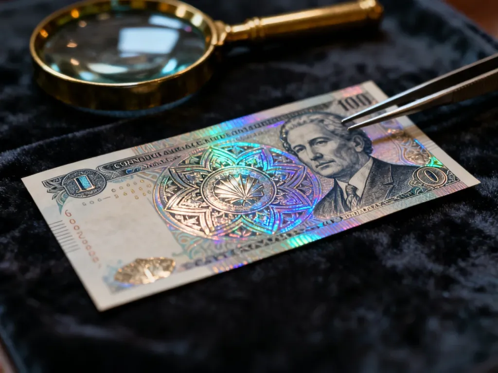 Szczegółowy widok banknotu kolekcjonerskiego z widocznymi elementami holograficznymi, lupą i pęsetą w tle.
