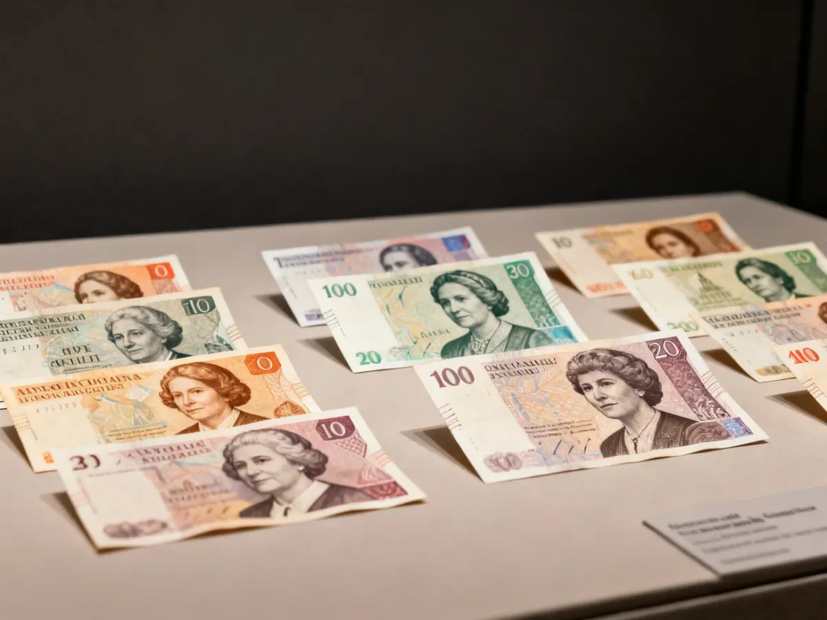 Różne banknoty z wizerunkami kobiet związanych z literaturą, nauką i działalnością społeczną
