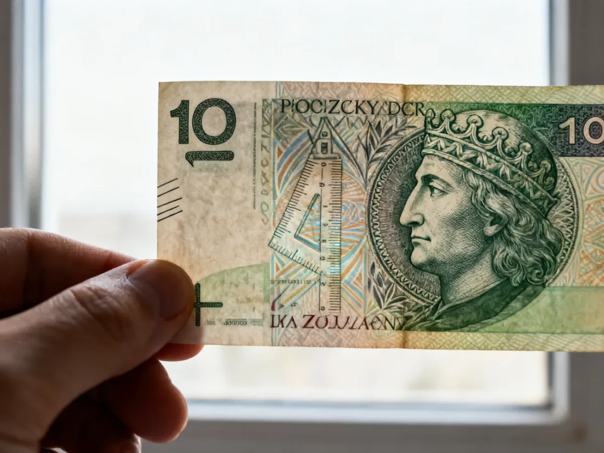 Banknot 100 złotych oglądany pod światło z widocznym znakiem wodnym