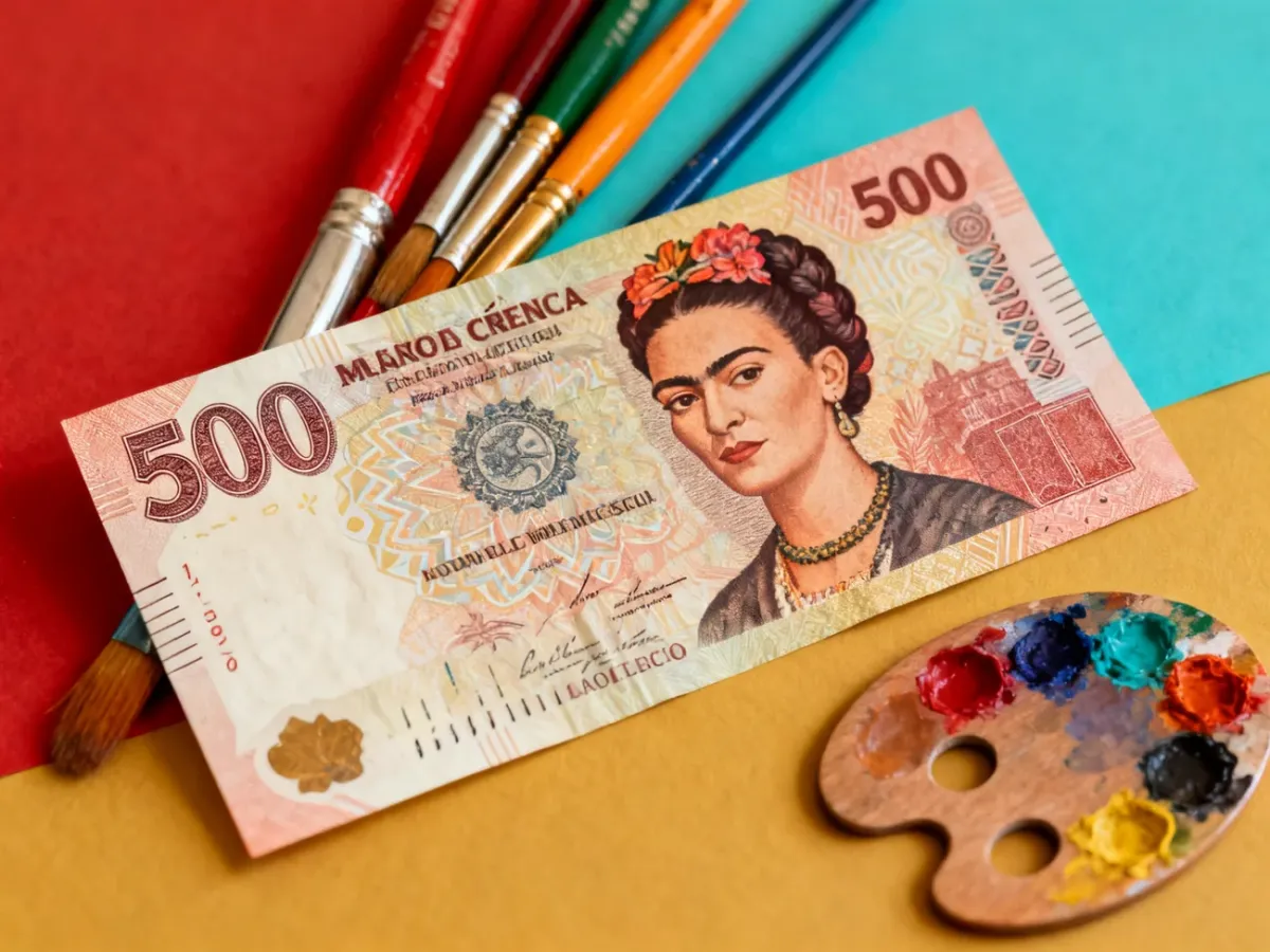 Pamiątkowy banknot meksykański z wizerunkiem Fridy Kahlo obok przyborów malarskich