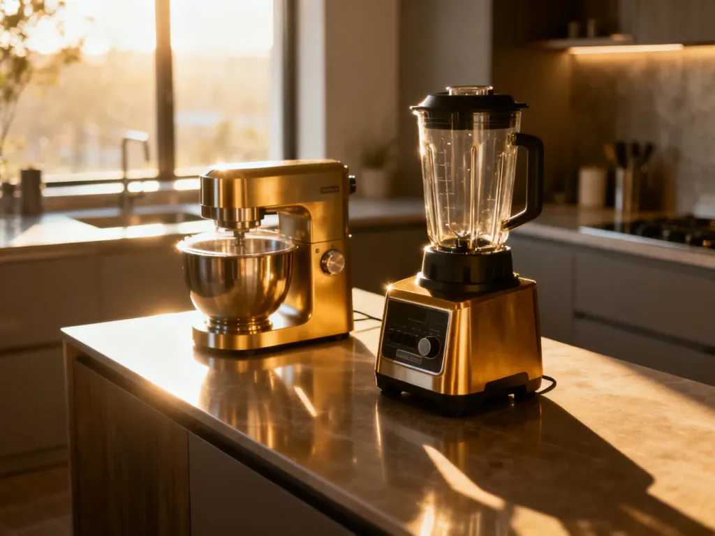Nowoczesny blender i robot kuchenny marki Ninja na minimalistycznym blacie w słonecznej kuchni.