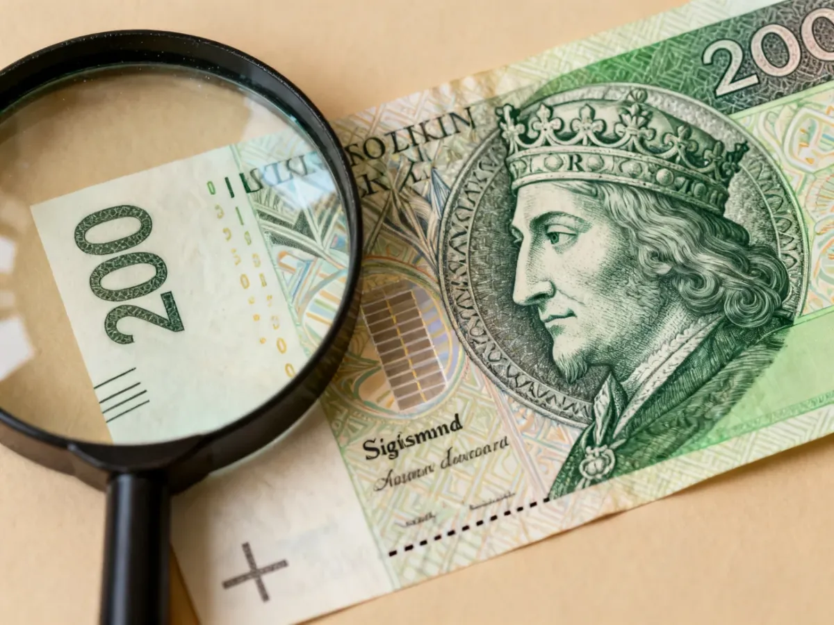 Zbliżenie zmodernizowanego banknotu 200 zł z widocznymi zabezpieczeniami