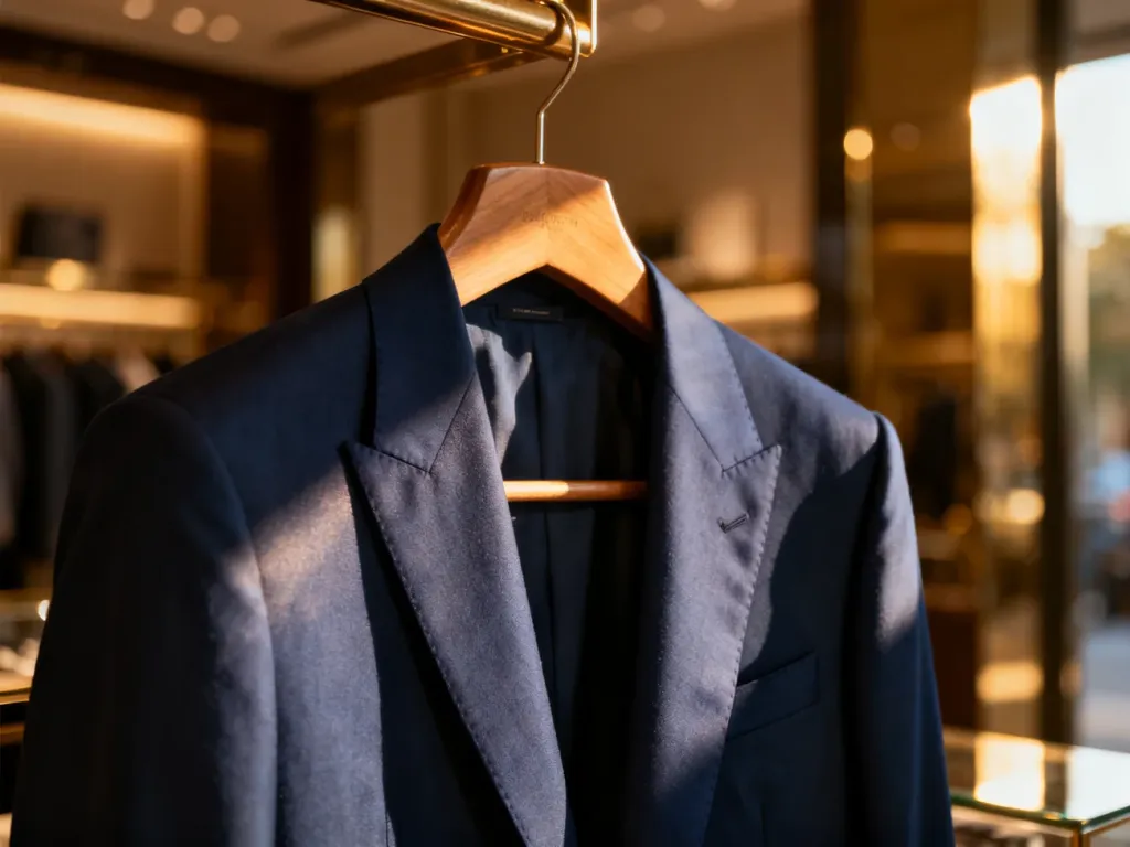 Granatowa marynarka męska z wysokiej jakości tkaniny wisząca na drewnianym wieszaku w eleganckim butiku Pako Lorente.