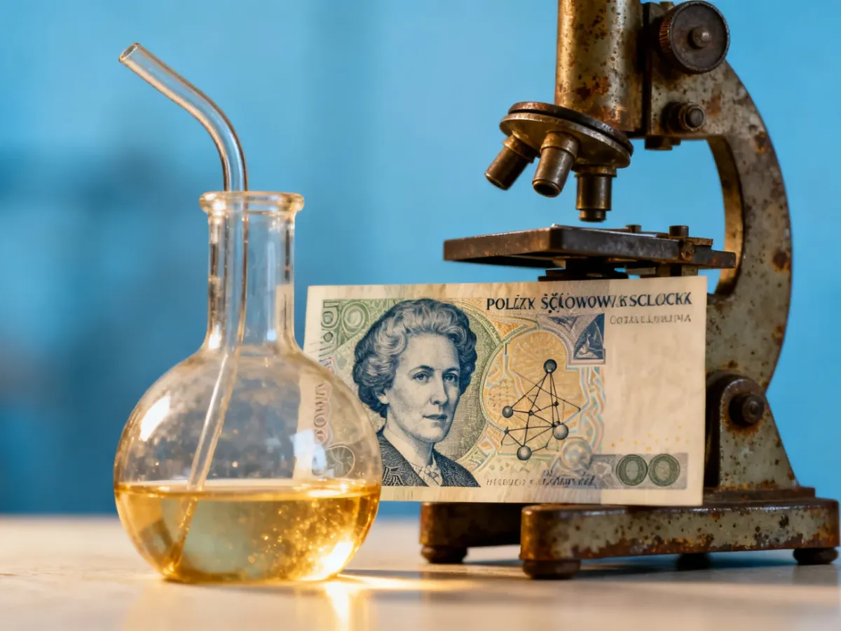 Polski banknot kolekcjonerski z wizerunkiem Marii Skłodowskiej-Curie obok przyrządów laboratoryjnych