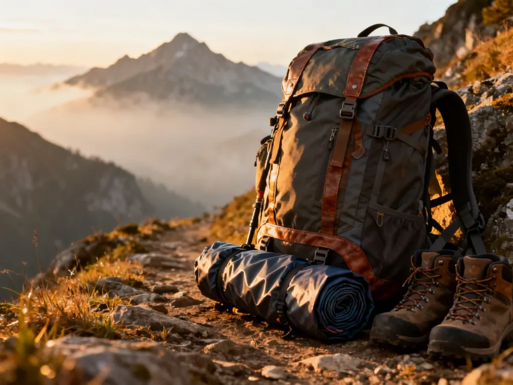 Profesjonalny sprzęt outdoorowy marki Trespass, w tym plecak, kurtka i buty trekkingowe, na tle górskiego krajobrazu.