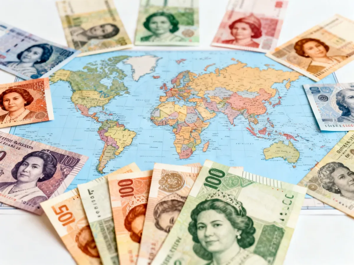 Banknoty z wizerunkami kobiet z różnych krajów ułożone na tle mapy świata