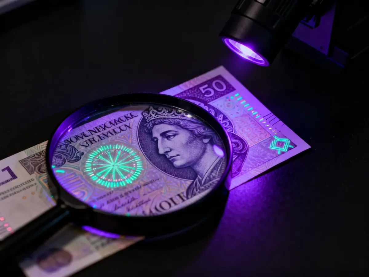 Banknot sprawdzany lupą i lampą UV pod kątem mikrodruku i zabezpieczeń fluorescencyjnych